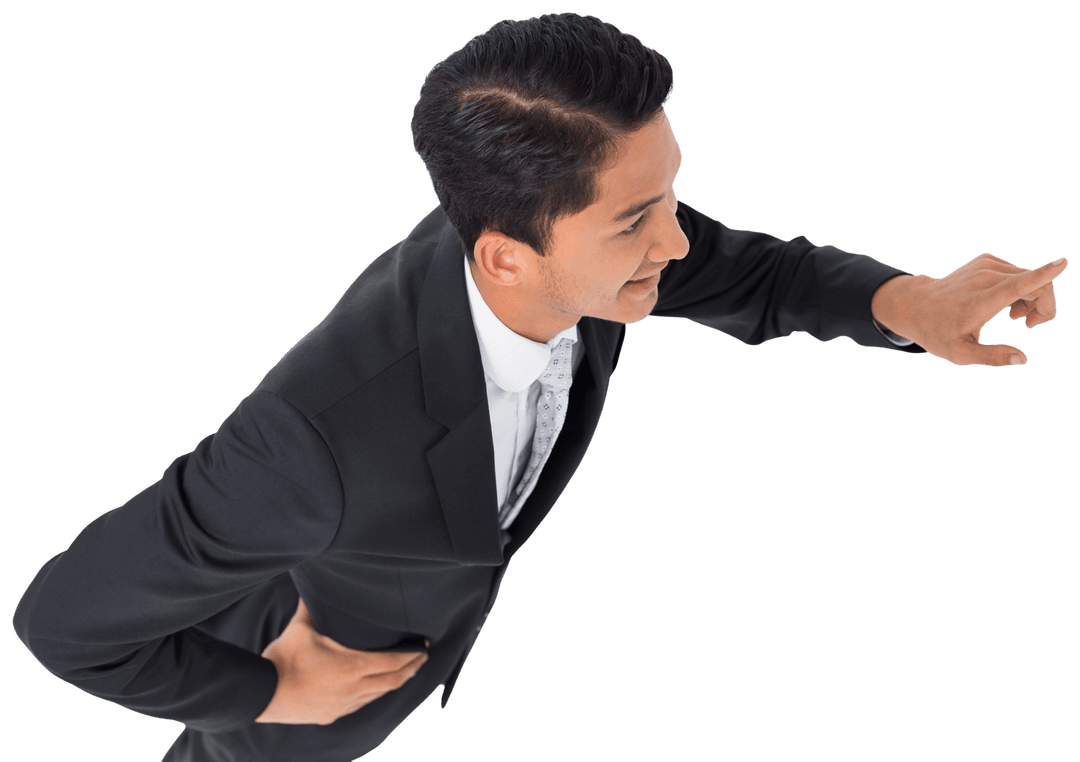 Transparent Businessman in Suit Pointing with Index Finger Indoors