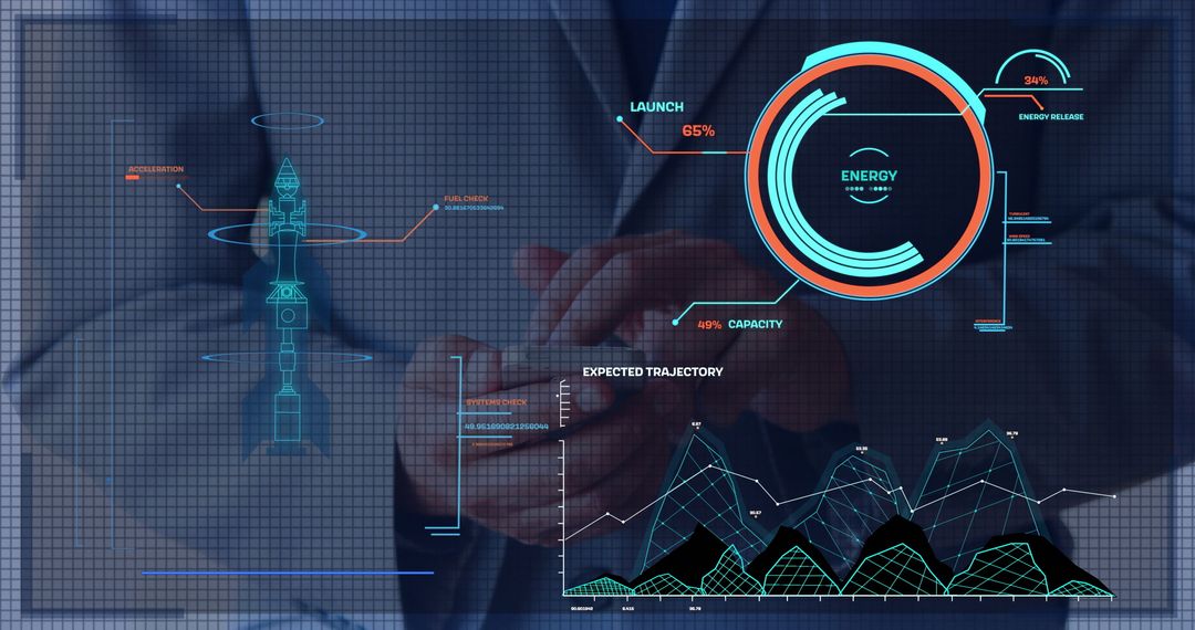 Executive Analyzing Futuristic Digital Interface with Rocket Trajectory