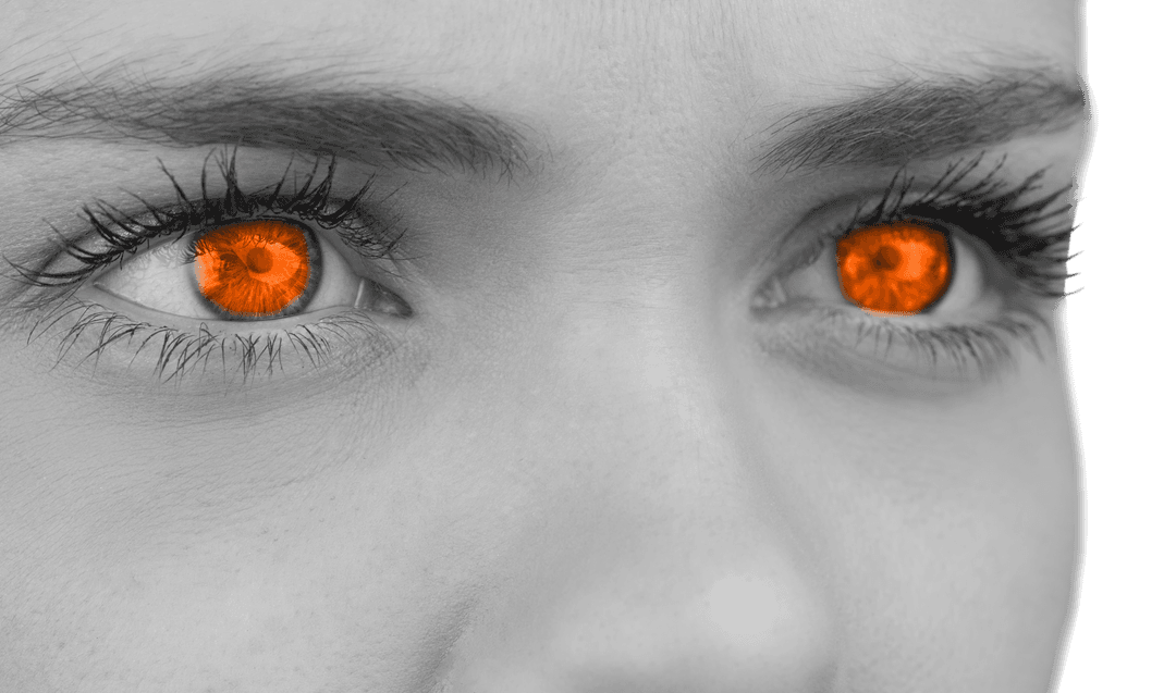 Intriguing Portrait with Vibrant Orange Eyes and Transparent Monochrome Face