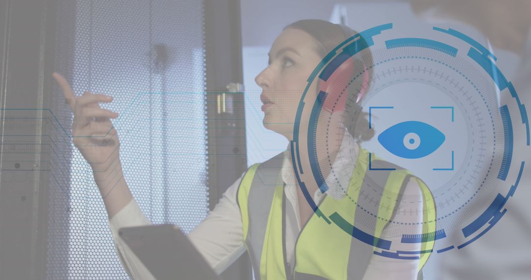 Female Engineer Using Tablet Integrating Cybersecurity in Server Room