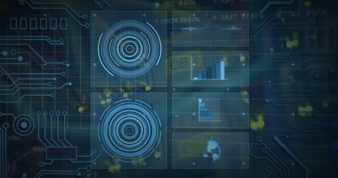 Futuristic data processing interface with tech overlay