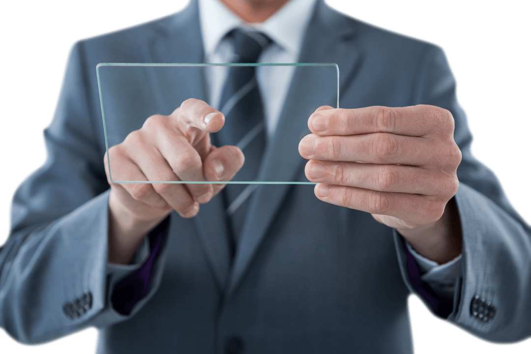 Businessman Holding Transparent Glass Panel Confidently