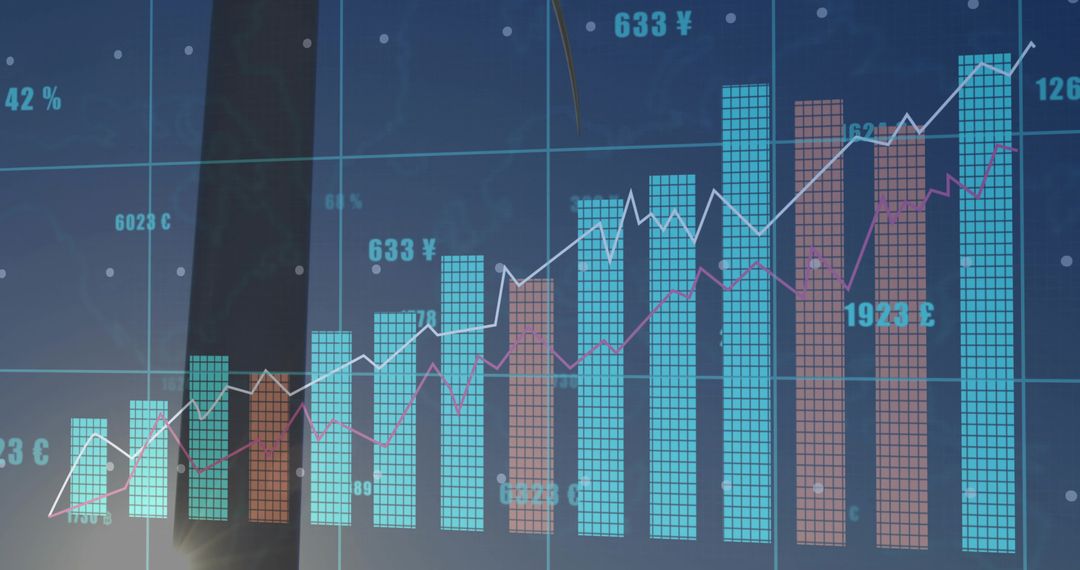 Rising Multi-Series Financial Bar Chart Showing Trend Lines on Glass Dashboard