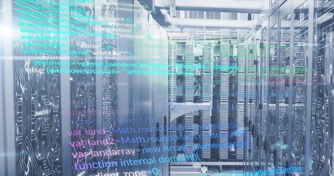 Cutting-edge Data Center with Code Overlay Illustrating Technological Advancement