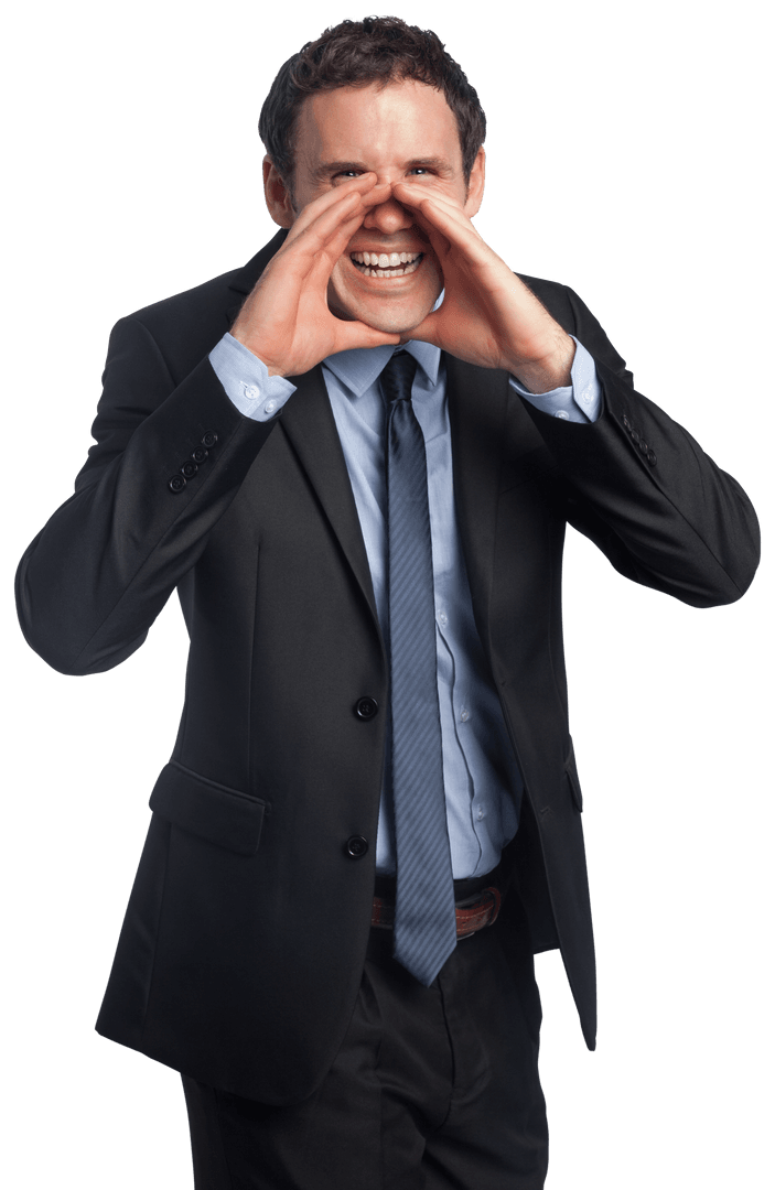 Transparent Young Businessman Calling Outward Enthusiastically
