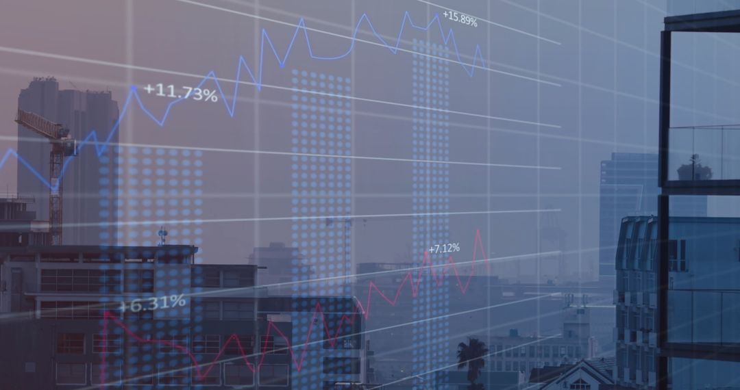 Digital Diagrams Over Cityscape Reflecting Global Business Trends