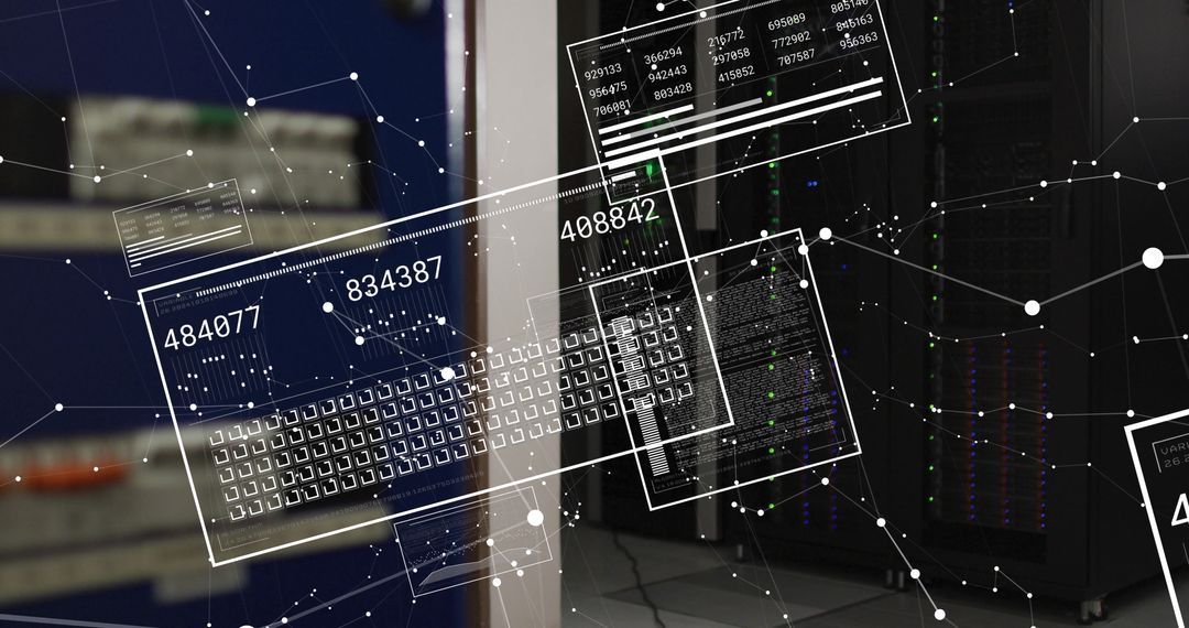 Digital Interface Displayed Over Server Room for Tech Solutions
