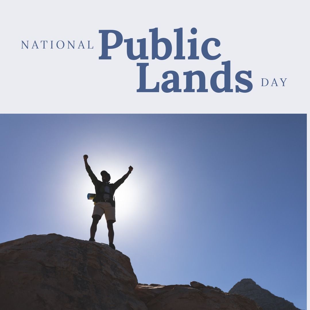 National public lands day text with hiker raising arms at mountain peak, copy space - Download Free Stock Templates Pikwizard.com
