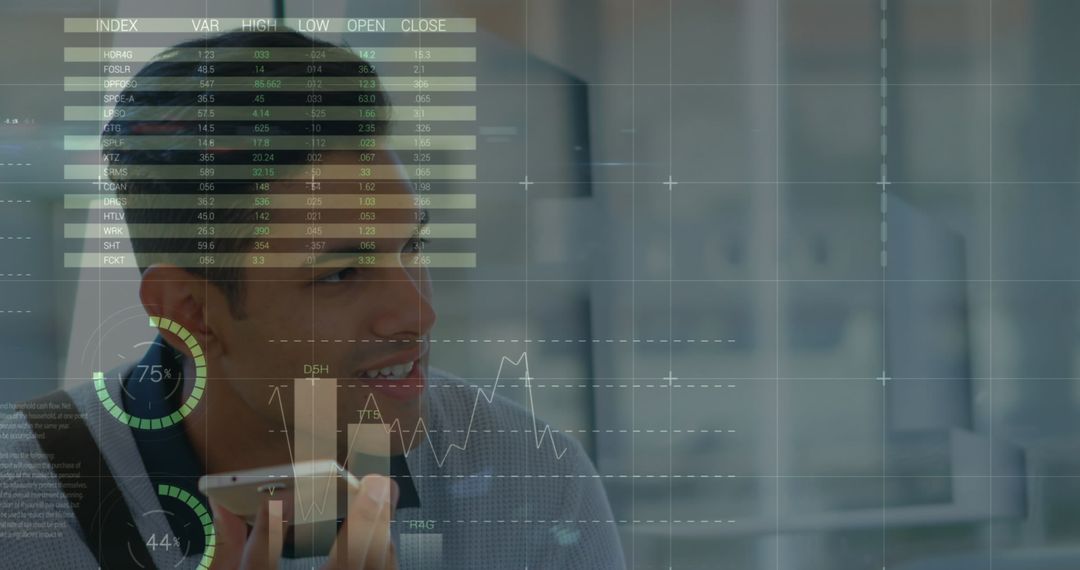 Hispanic Man Engaging with Digital Financial Data Overlay