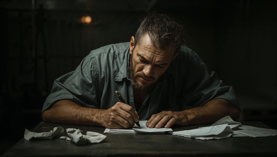 Man in Olive Shirt Writing in Dimly Lit Workspace