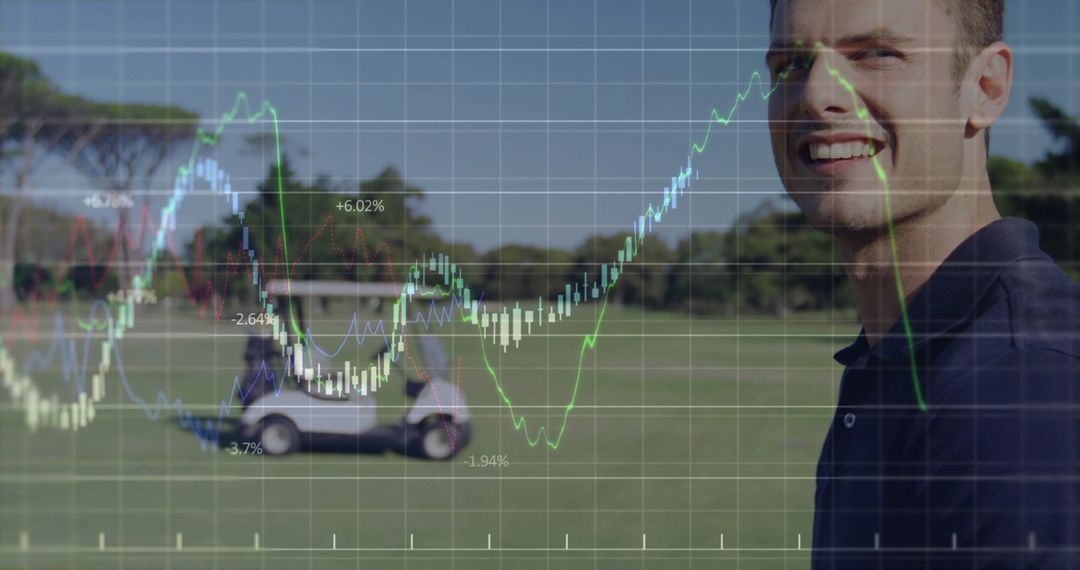 Man Analyzing Stock Market with Golf Course in Background