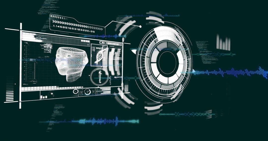 Futuristic Technology Interface with Wireframe Head and DNA Visualization