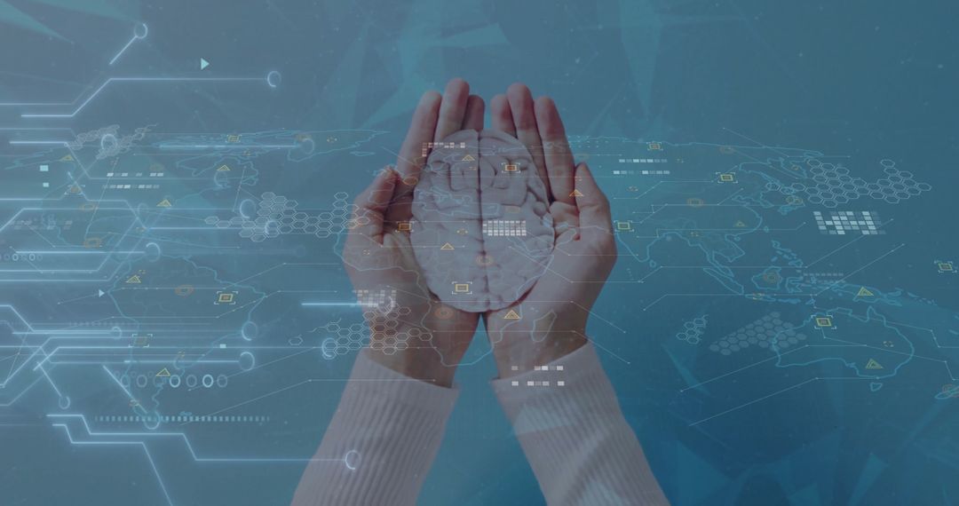 Human Brain in Hands with Digital World Connections