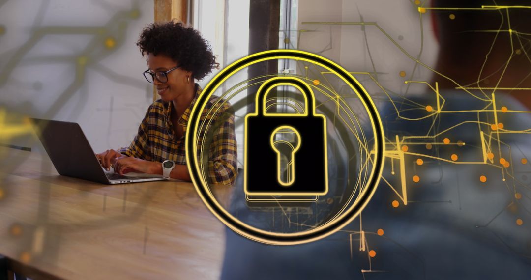 Smiling Biracial Woman on Laptop with Digital Security Overlay