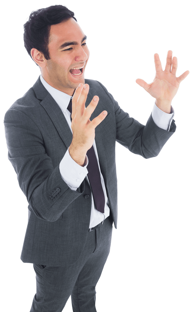 Biracial Businessman Expressing Emotion in Suit with Transparent Background