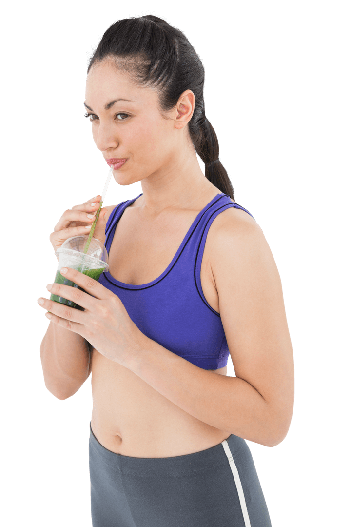 Woman Enjoying Healthy Green Juice on Transparent Background