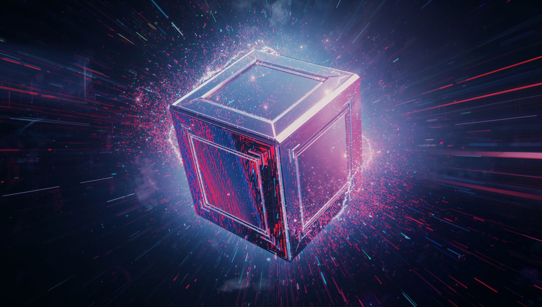 Glowing Metallic Cube in Cosmic Futuristic Void