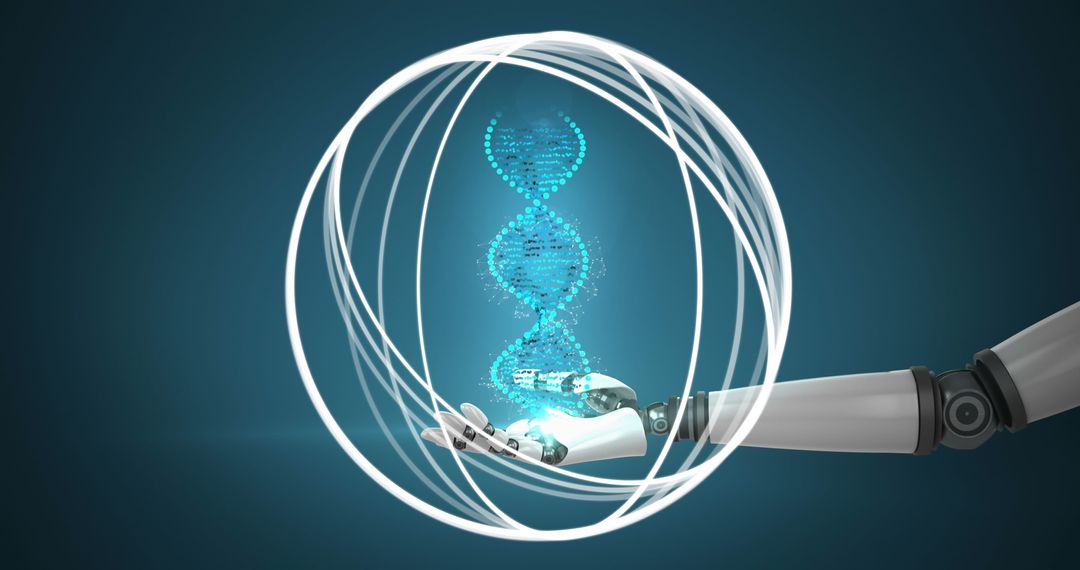 Robot Arm Holding Glowing DNA Strand with White Spiral
