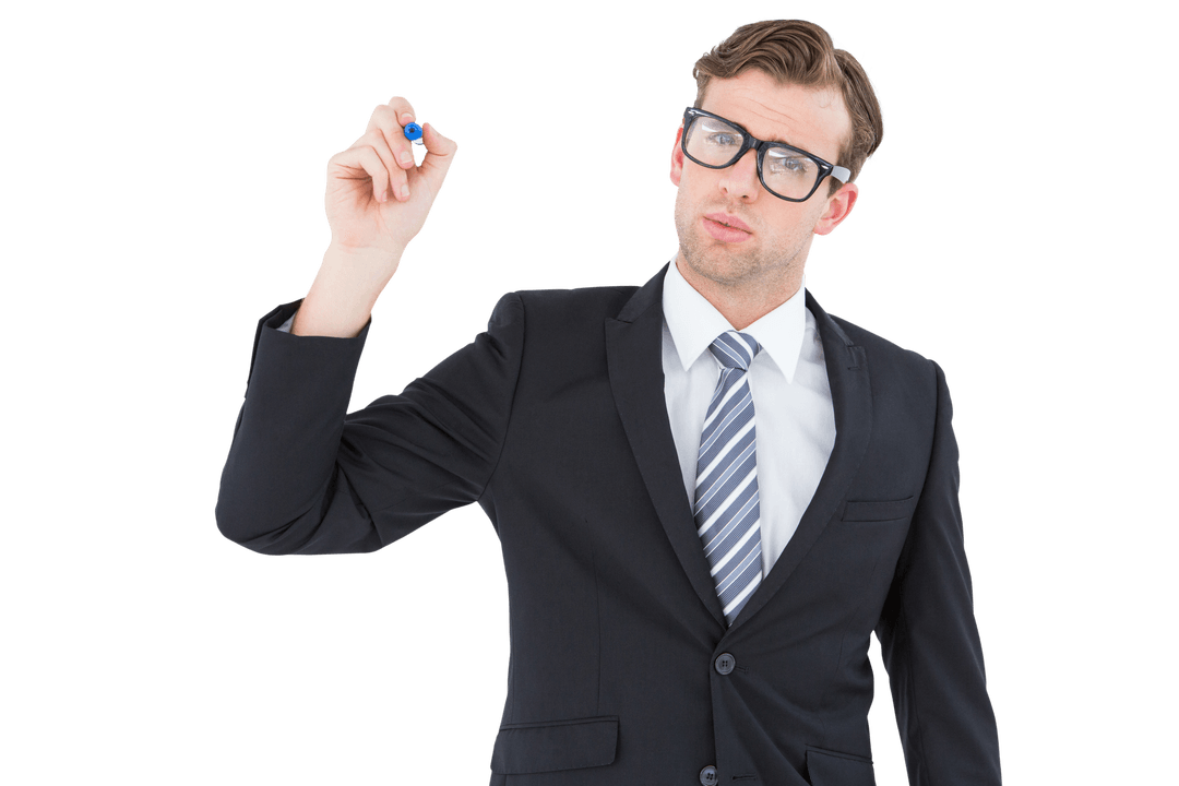 Transparent Geeky Businessman Writing with Marker Standing Confident