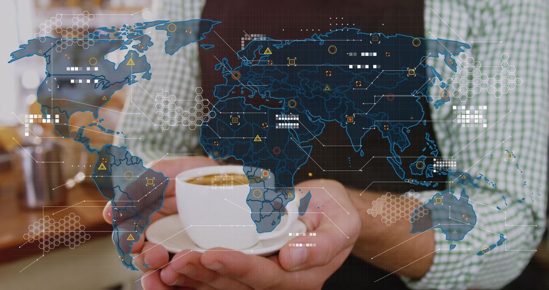 Digital World Map with Hands Holding Coffee, Technology Concept