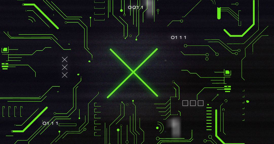 Digital Circuit Board with Futuristic Tech Overlay and Interference