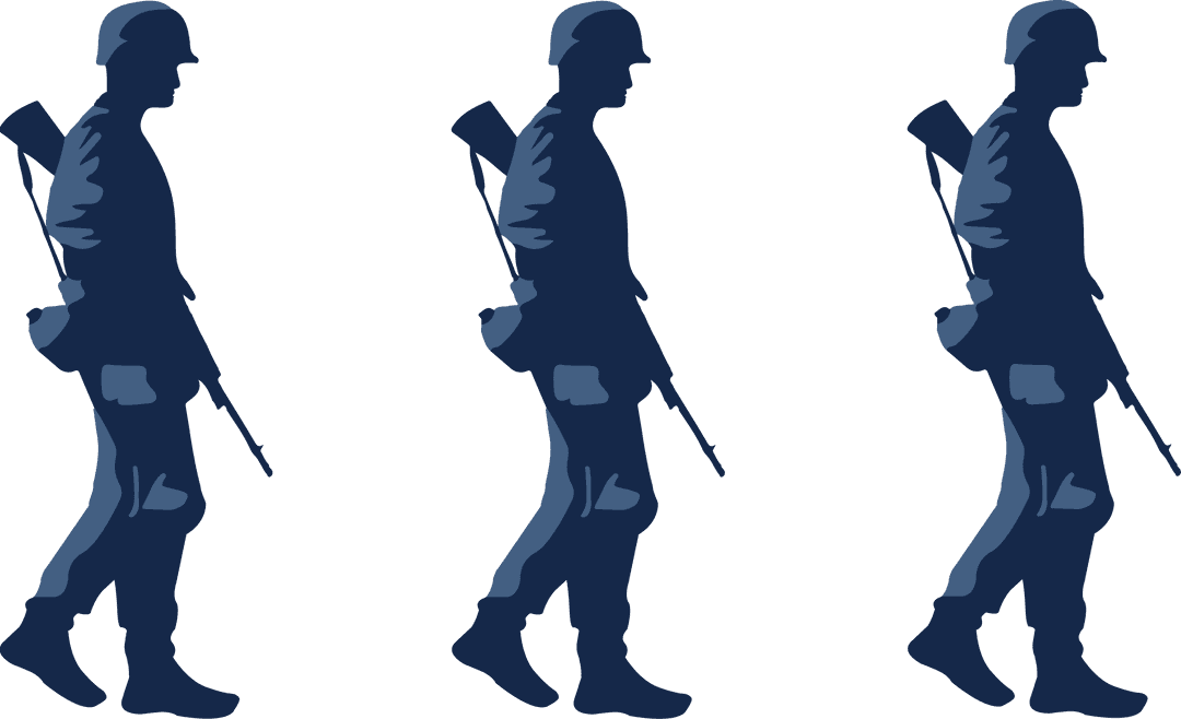Three Soldier Silhouettes Marching in Perfect Alignment, Transparent Background