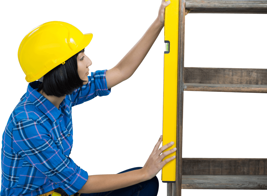 Transparent Construction Engineer Climbing Ladder Holding Level