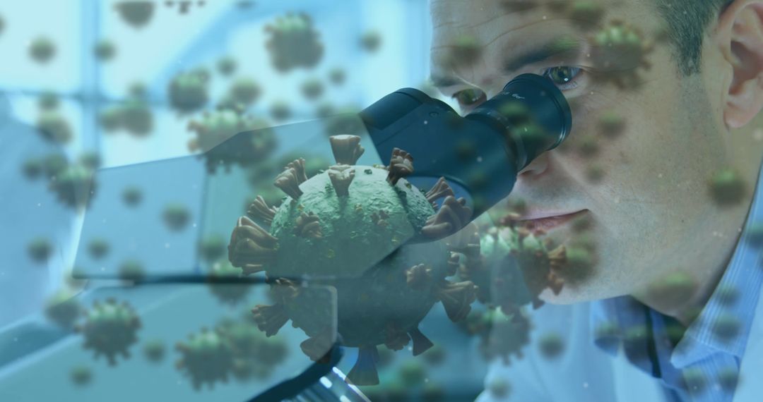Researcher Analyzing Virus with Microscope in Lab