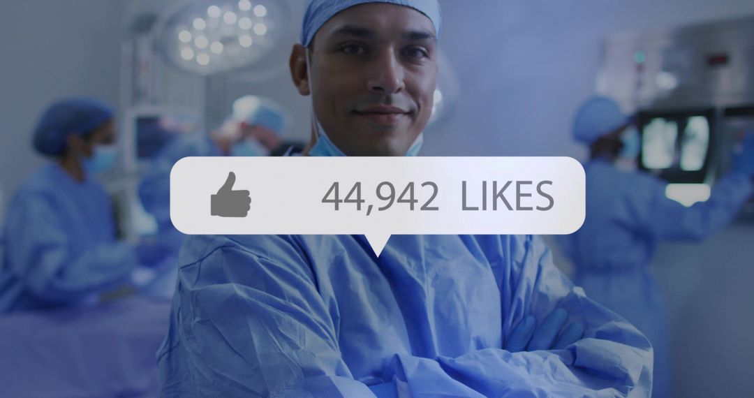 Surgeon standing with folded arms in operating room with social media likes overlay