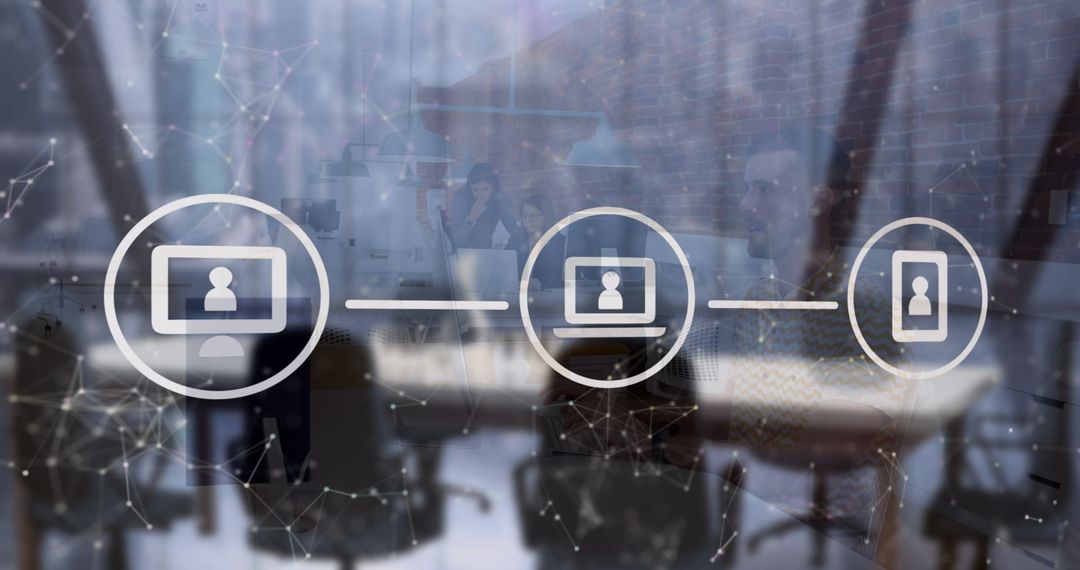 Digital Network with Technology Icons in Modern Office Space