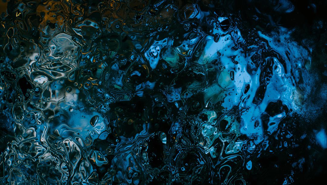 Shimmering Iridescent Liquid Macro Abstract with Teal Amber Marbled Gloss and Droplet Textures