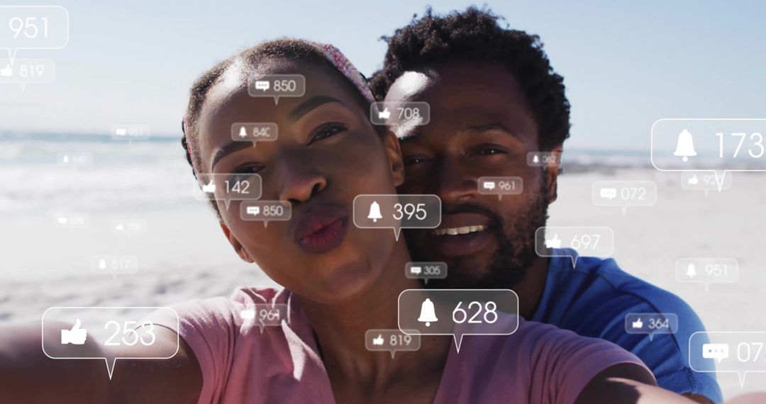 Couple Taking Beach Selfie with Social Media Notifications