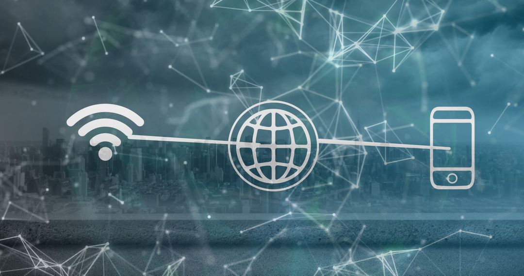 Digital Connectivity Network with Wi-Fi and Smartphone Icons Over Cityscape