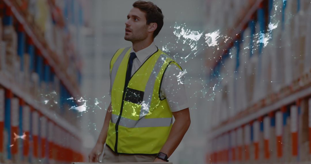 Warehouse Worker in Reflective Vest with Digital Effects
