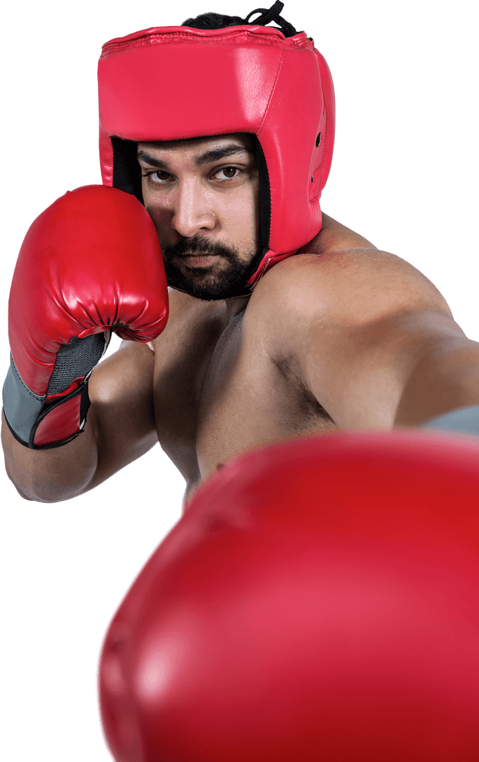 Transparent View of Boxer Throwing Powerful Punch with Red Gloves