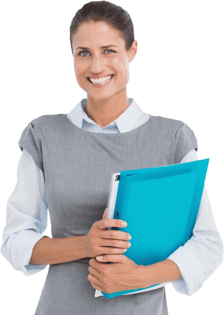 Transparent Portrait of Smiling Professional Businesswoman with Files