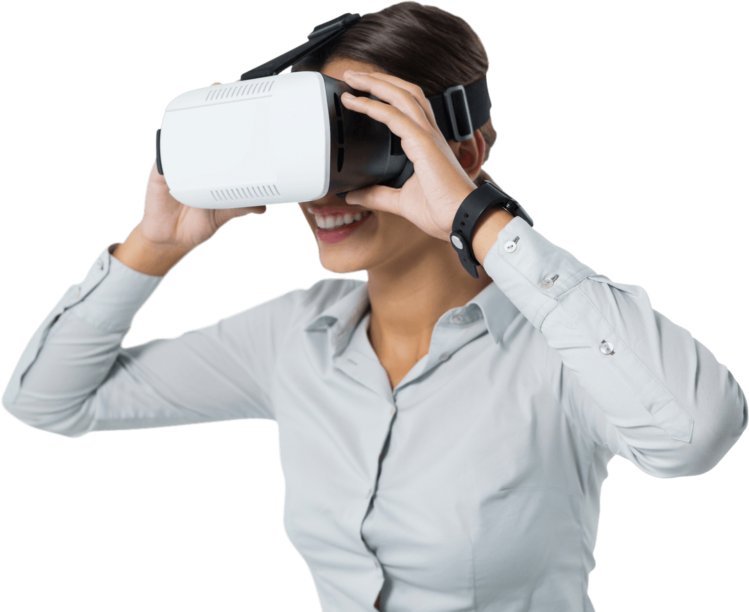 Businesswoman Immersed in Virtual Reality with Headset Transparent Background