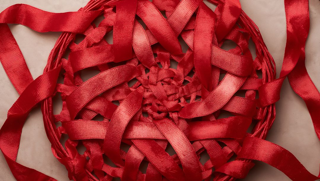 Woven Red Satin Ribbon Medallion Displaying Braided Core and Glossy Loose Tails