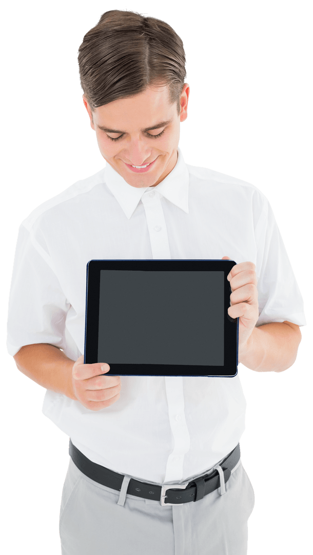Smiling Man with Tablet Showcasing Screen on Transparent Background