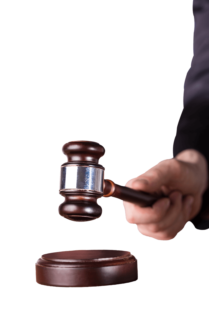 Caucasian Hand Holding Judge's Gavel on Transparent Background