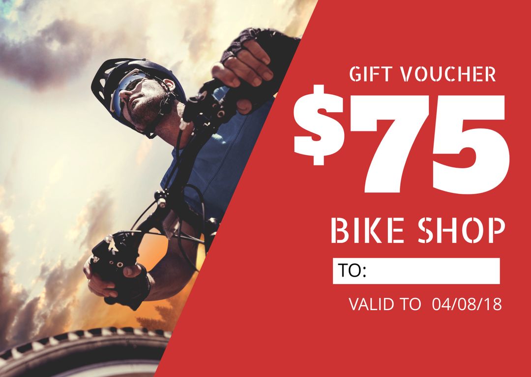 $75 Bike Shop Gift Voucher Template with Cyclist and Clouds Background - Download Free Stock Templates Pikwizard.com