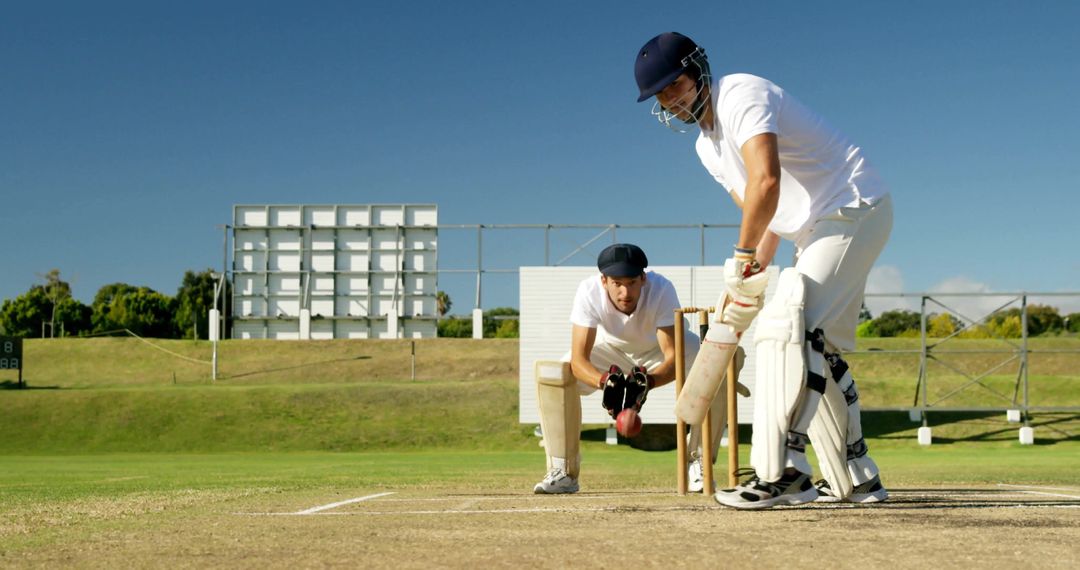 Cricket Players Engaged in Intense Match on Sunny Field