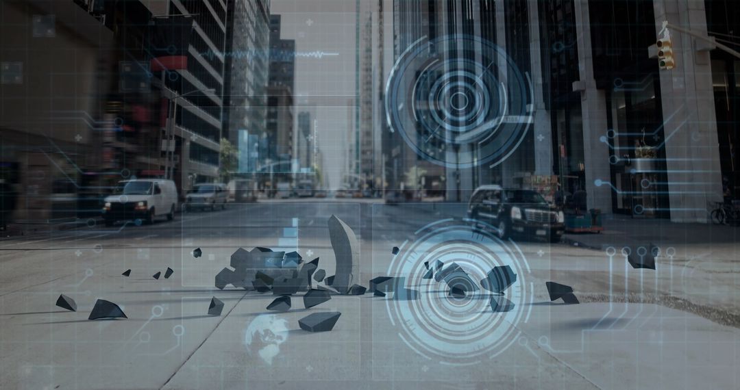 Futuristic Cityscape with Digital Interface Gauges