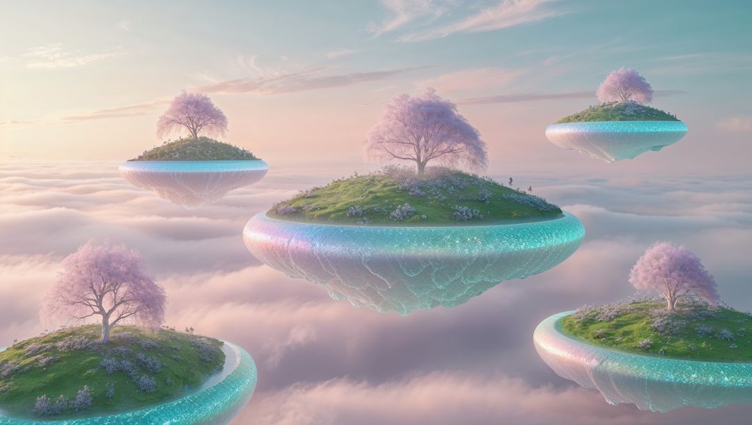 Floating Islands in Dreamy Skyscape with Cherry Trees