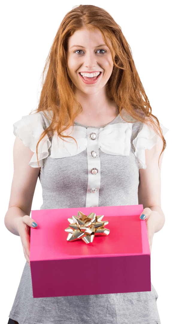 Smiling Redhead Presenting Red Gift Box with Transparent Background