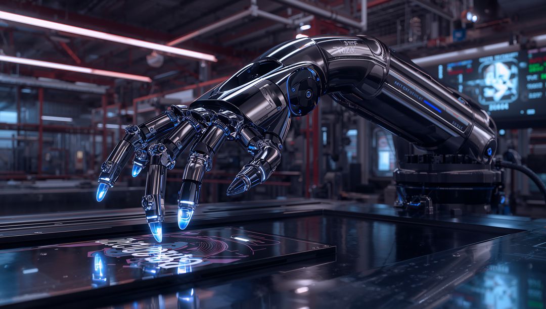 Hovering Robotic Arm Operating Touchscreen with LED Fingertips in Futuristic Factory