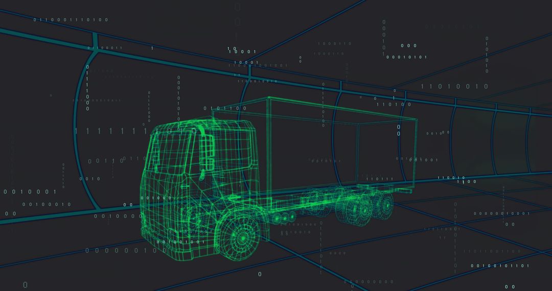 Futuristic Semi-Truck Wireframe in Binary Data Tunnel
