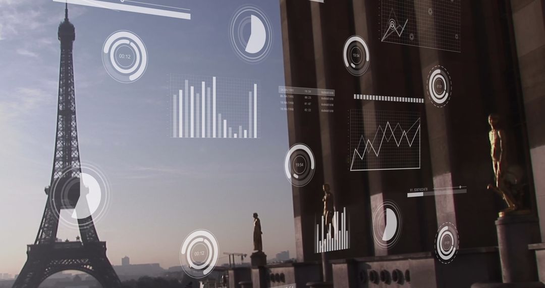 Futuristic Financial Data Over Paris Skyline with Eiffel Tower