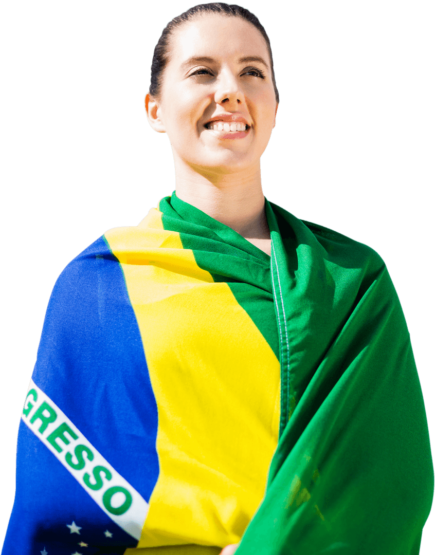 Joyful Sportswoman Wrapped in Brazilian Flag on Transparent Background