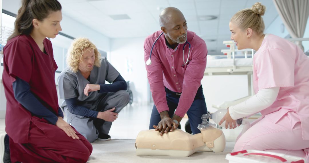 Medical professionals practicing CPR on training mannequin in hospital - Free Images, Stock Photos and Pictures on Pikwizard.com